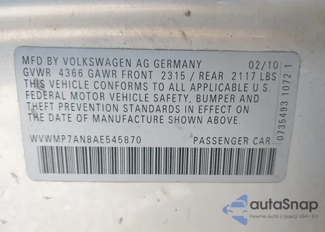 2010 Volkswagen Cc Sport from USA, damaged, VIN WVWMP7AN8AE545870